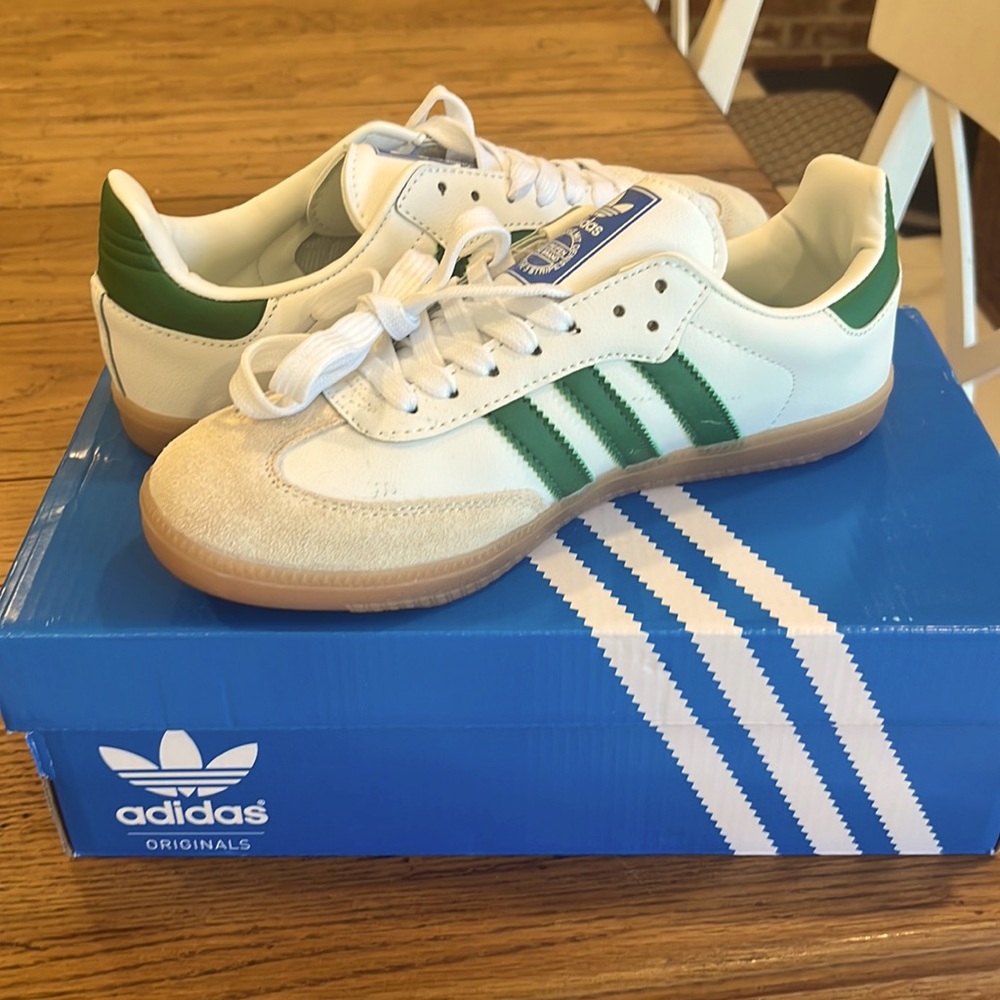 Adidas Green and White Sambas.